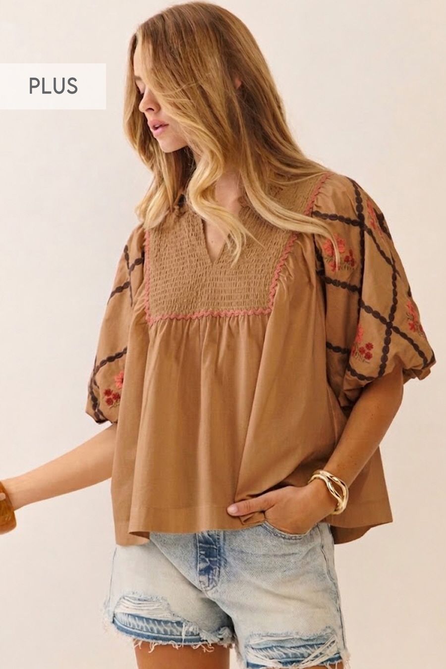 Plus Embroidered Poplin Top