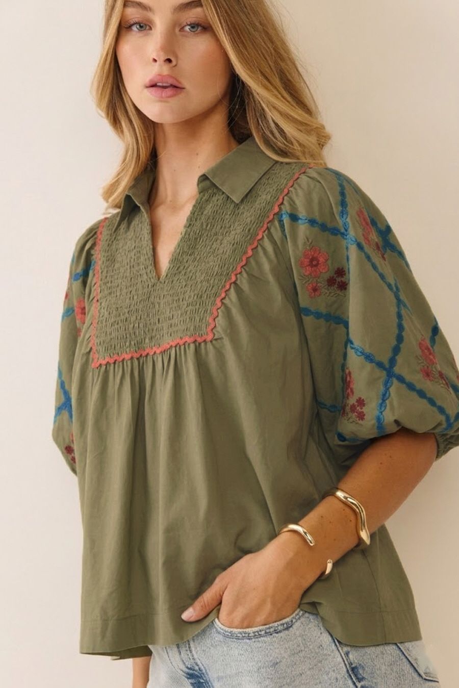 Plus Embroidered Poplin Top