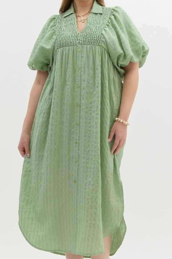 Puff sleeve Button down Midi Dress plus
