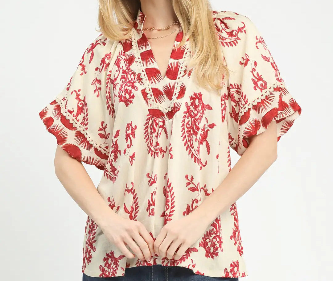 Boho Print Top with Lace Trim