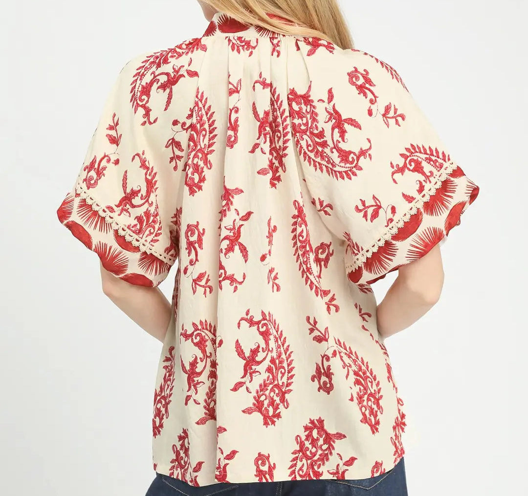 Boho Print Top with Lace Trim