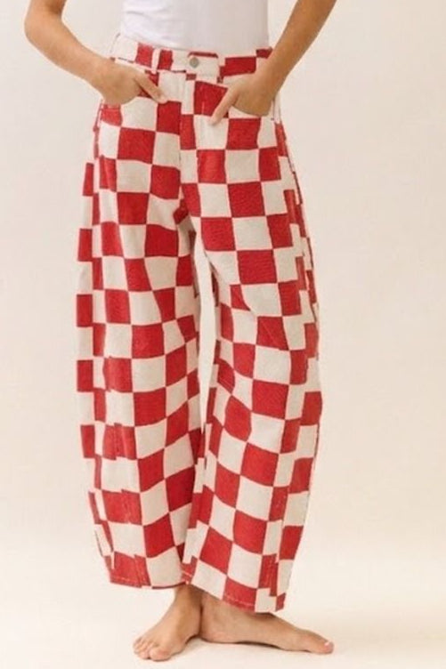 checkered printed barrel denim pants