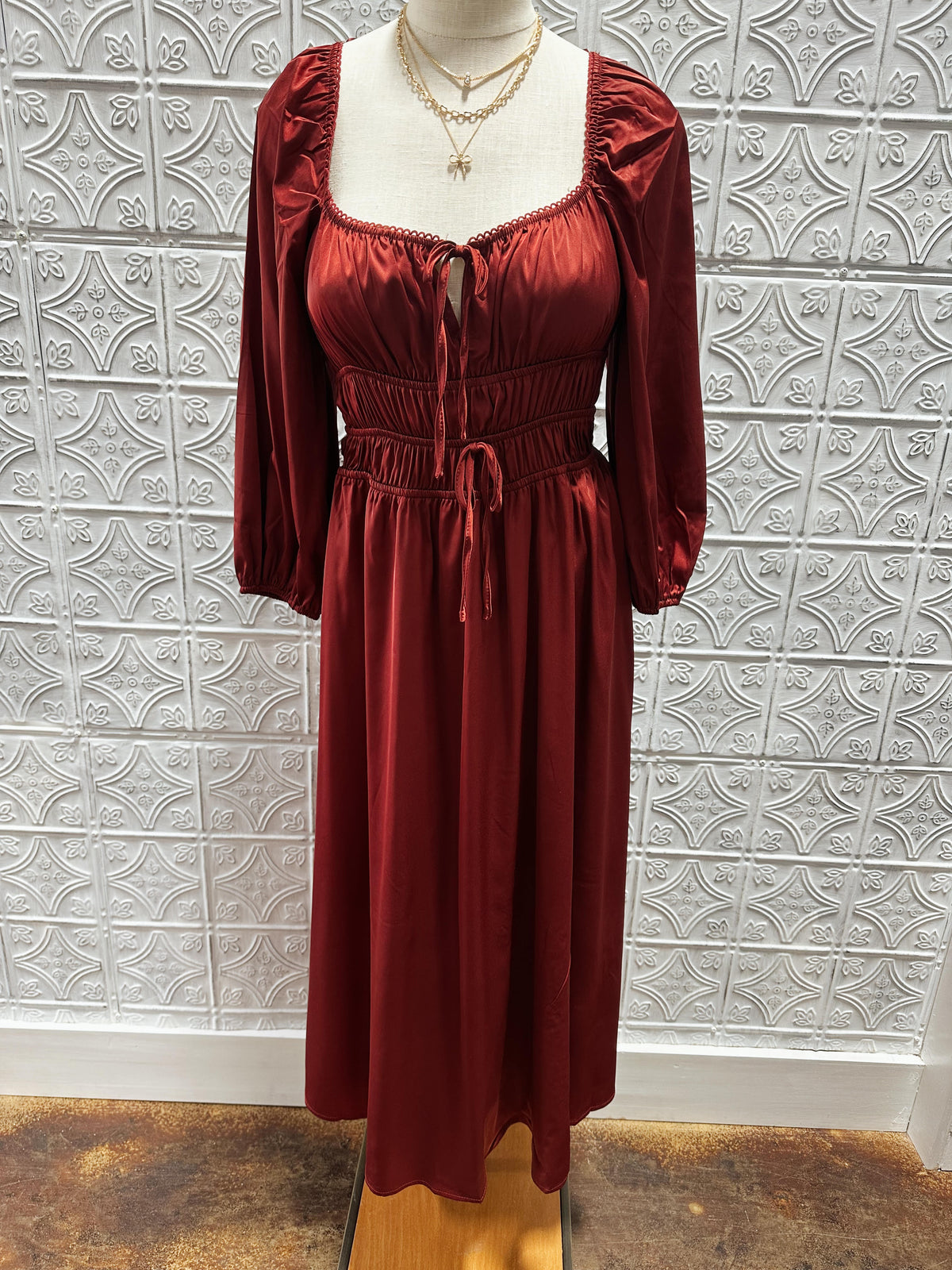 Dark Red Puff sleeve tie front dress