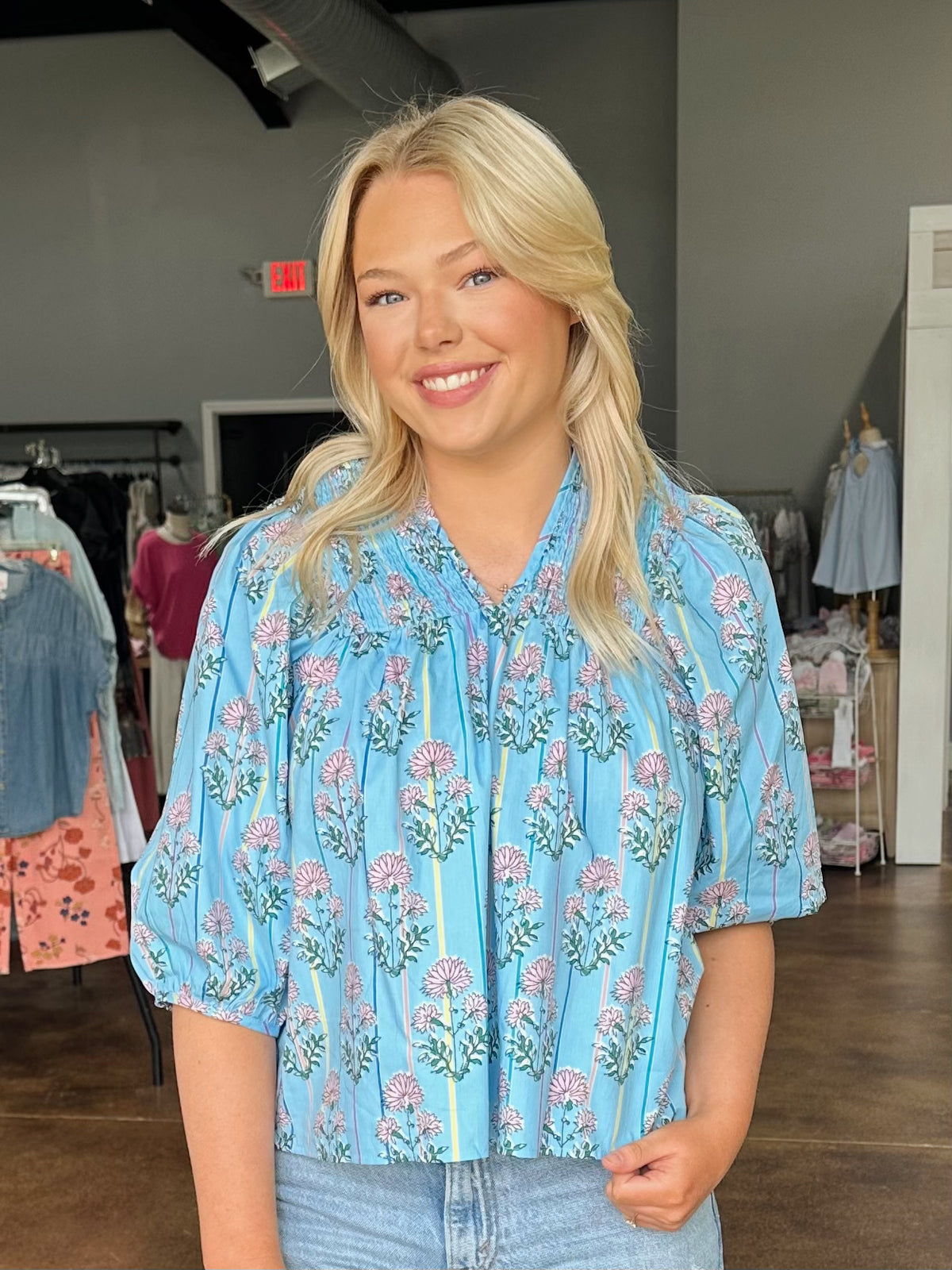 Fashion-W Floral Stripe Print Shirred Yoke Split Neck Blouse
