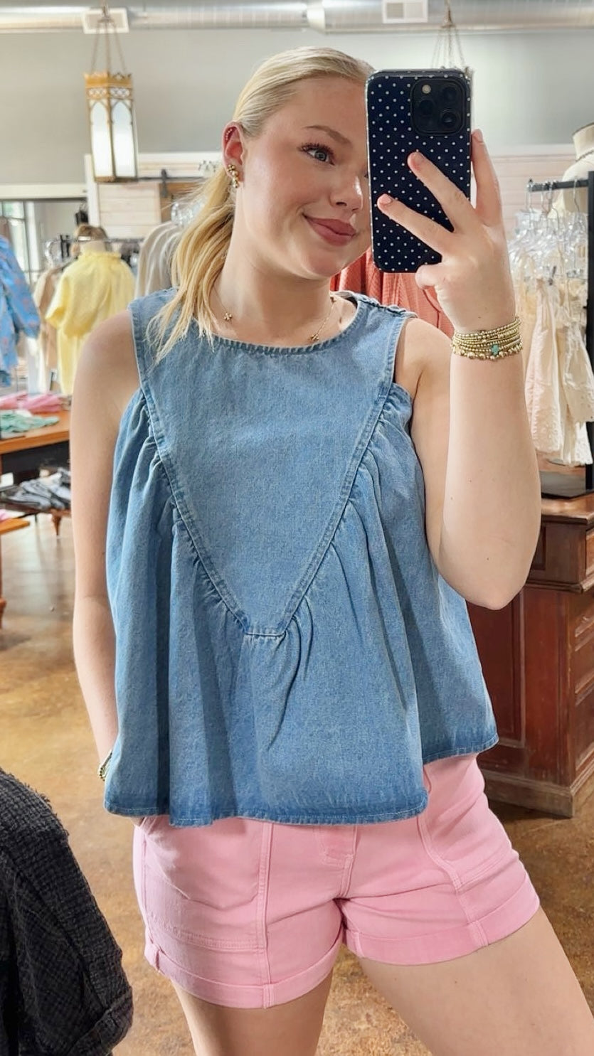 Denim Ruched Sleeveless Top