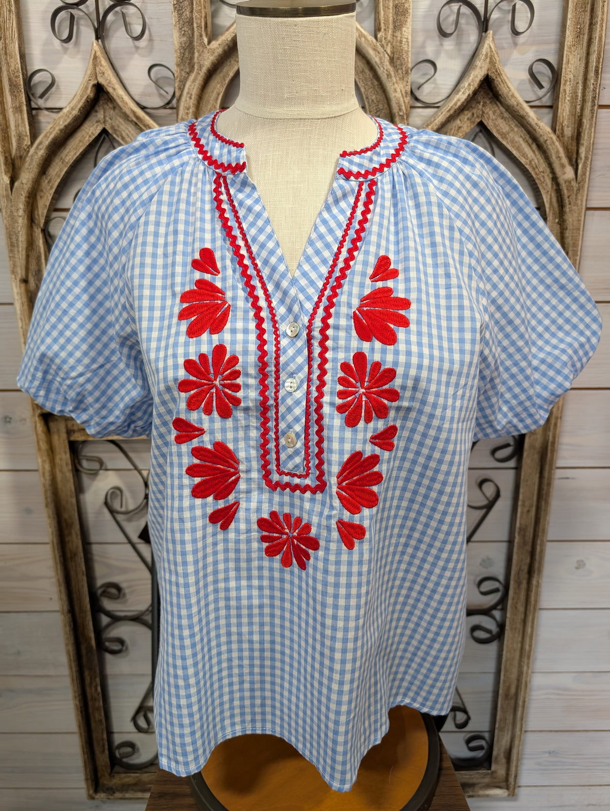 Gingham Embroidered Top