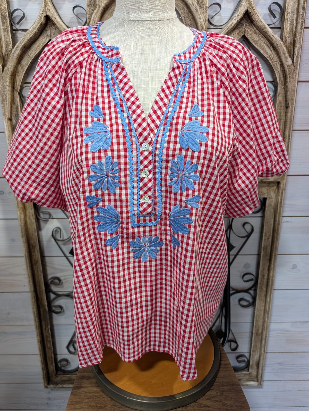 Gingham Embroidered Top