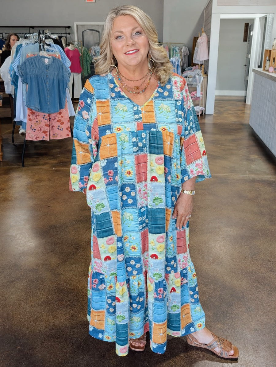 Floral Checkered Pattern Bubble Sleeve Ruffle Hem Dress