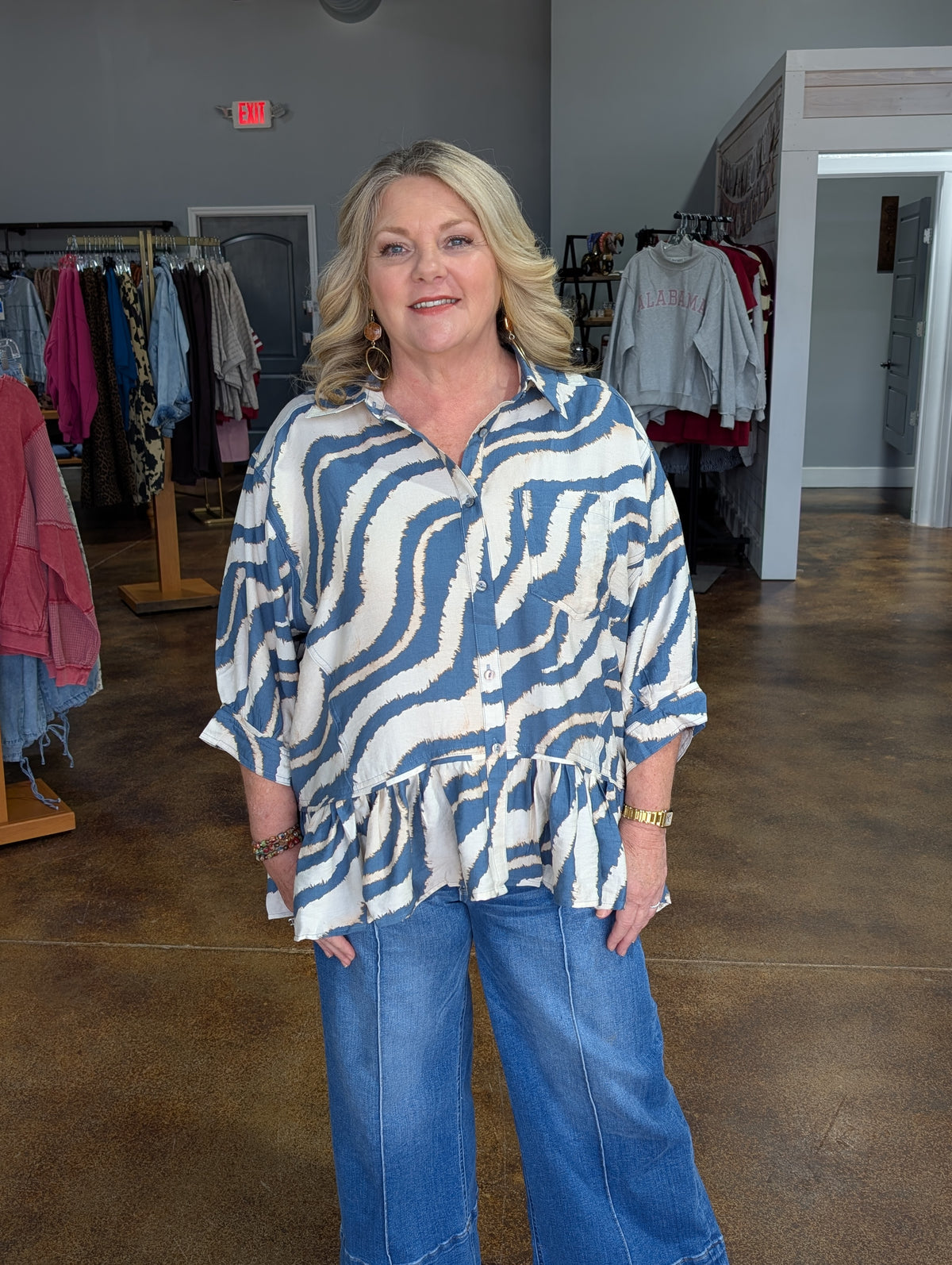 Dusty blue Zebra ruffle bottom top