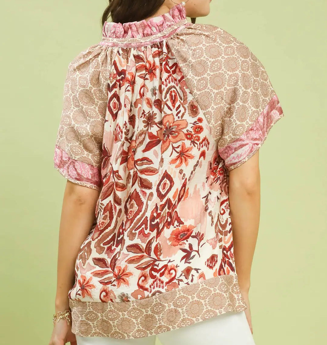 Mixed Print V-Neck Short Sleeve Top