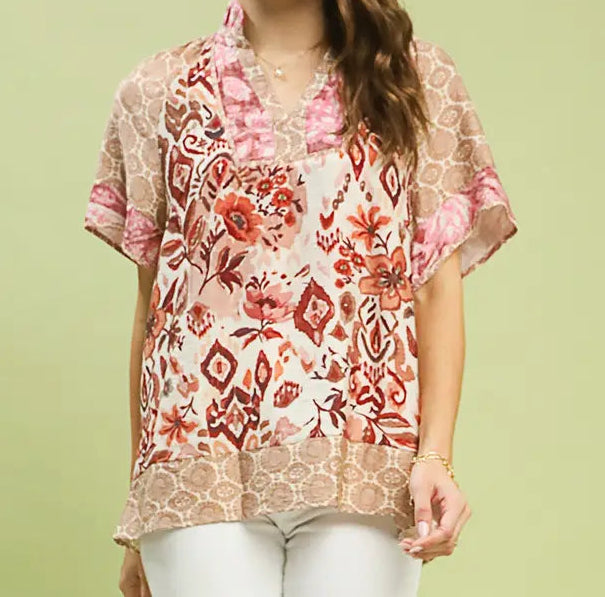 Mixed Print V-Neck Short Sleeve Top