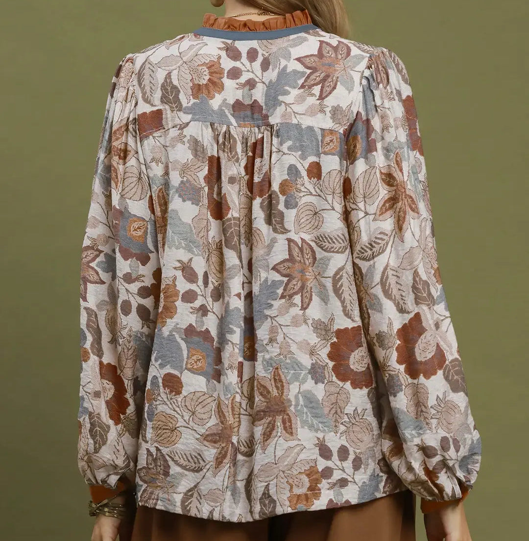 Floral Contrast Trim Long Sleeve Top
