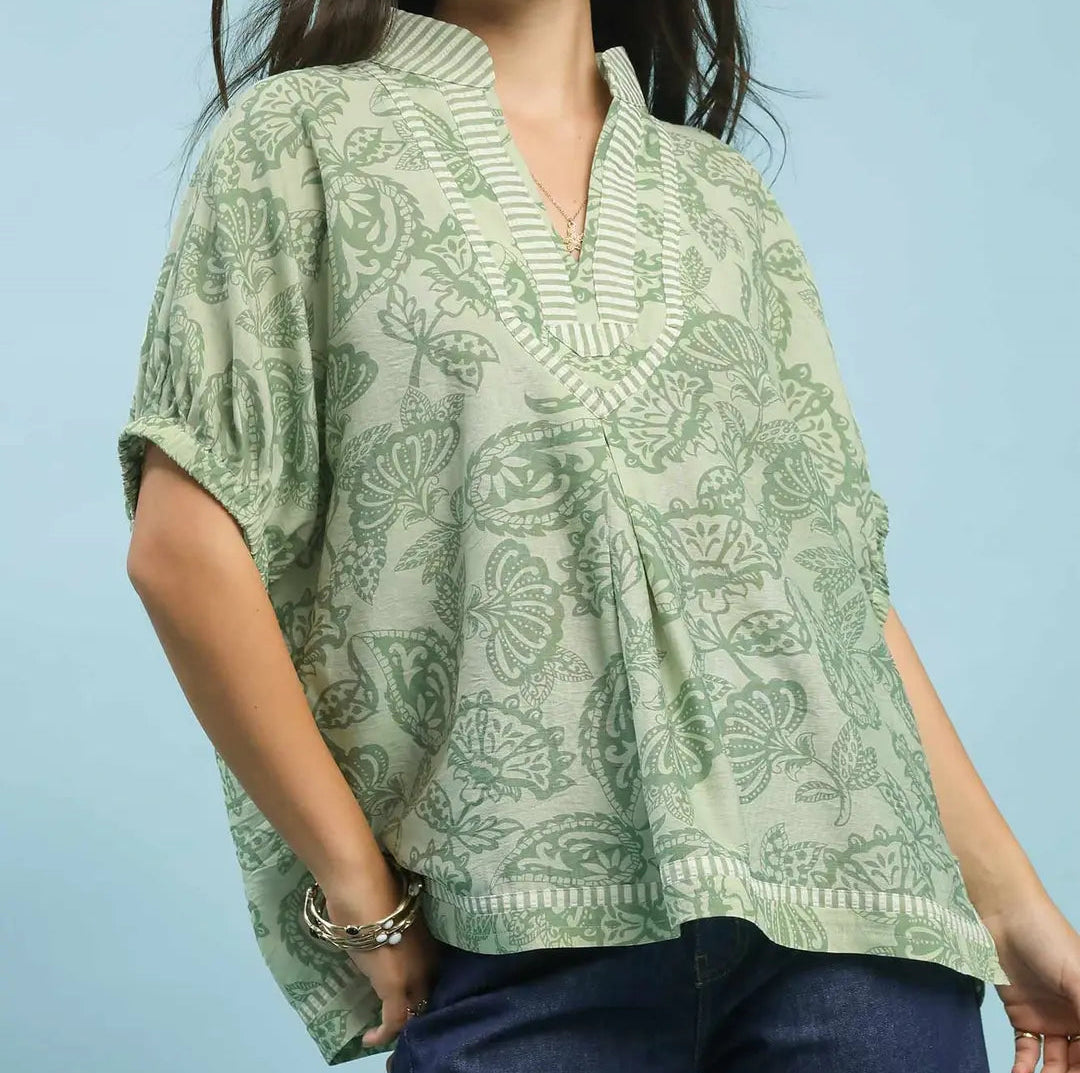 Botanical Print Mixed Trim Tunic Top