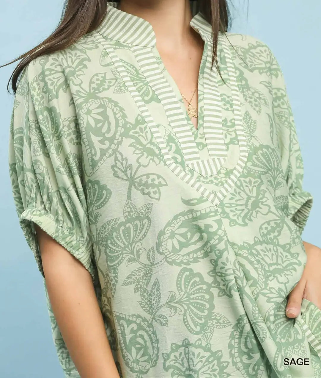 Botanical Print Mixed Trim Tunic Top