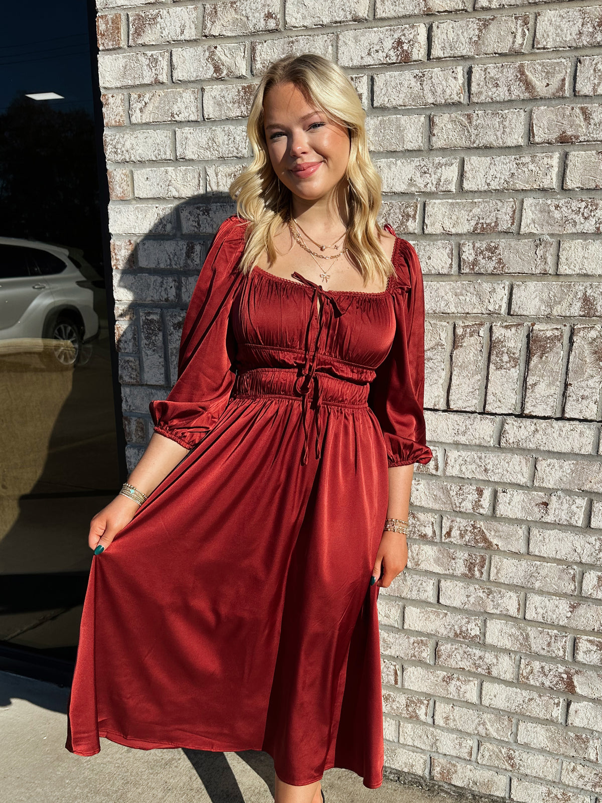 Dark Red Puff sleeve tie front dress