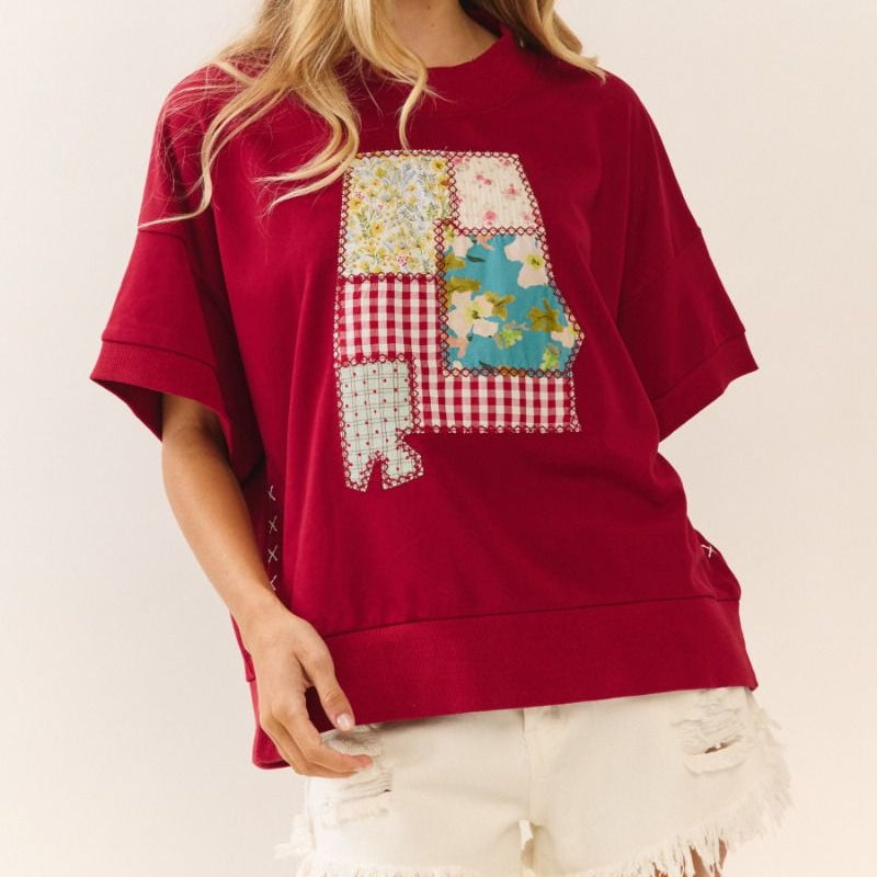 Acid wash Short Sleeve Sweatshirt Top with State Logo