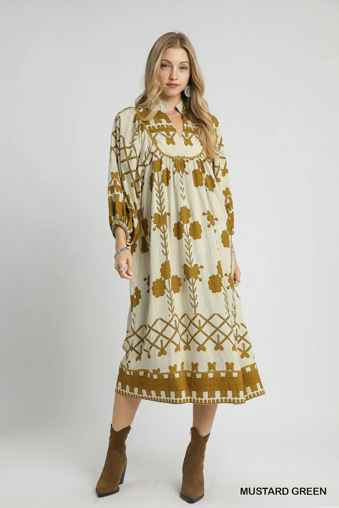 Tribal Print V-Neck Midi Dress