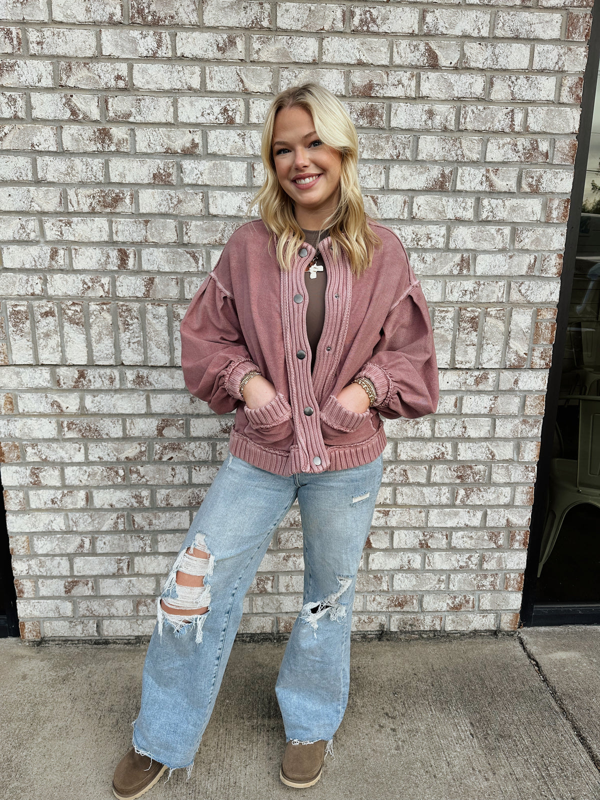 Washed Vintage Ribbed Knit Trim top cardigan