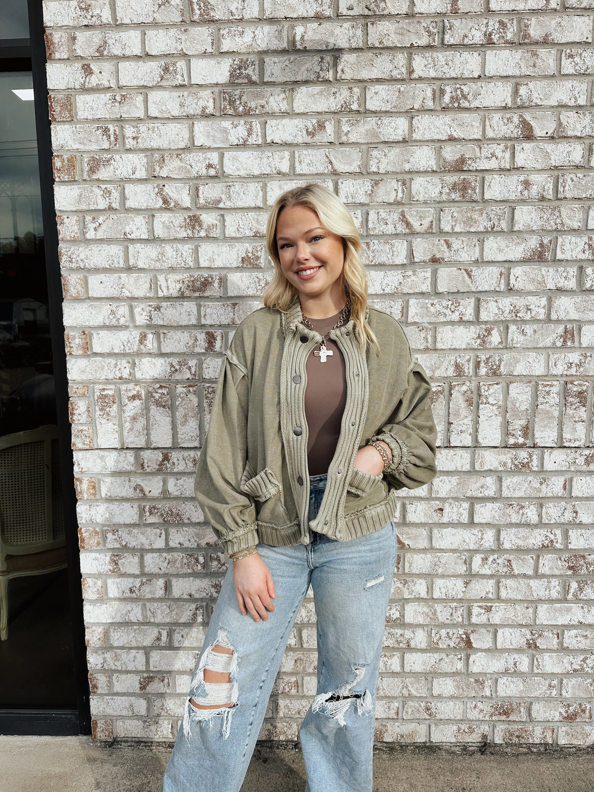 Washed Vintage Ribbed Knit Trim top cardigan