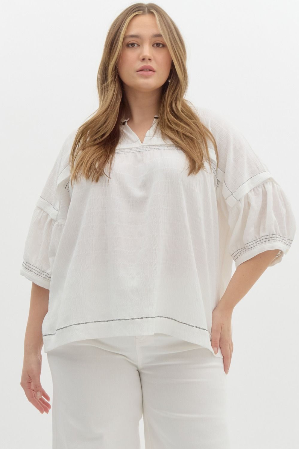 Textured V-neck 1/2 sleeve Top Plus