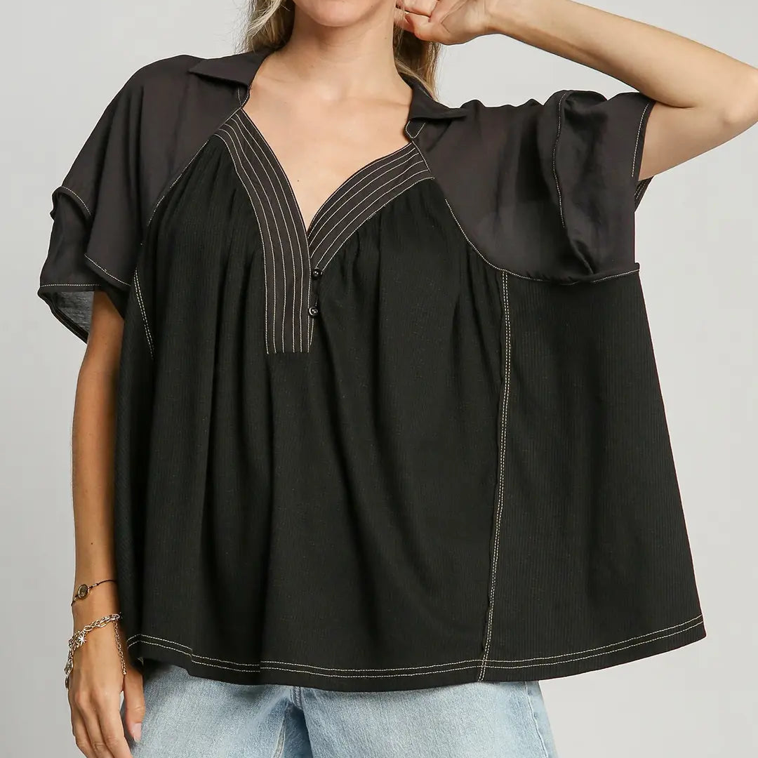 Wide Split V Neck Top