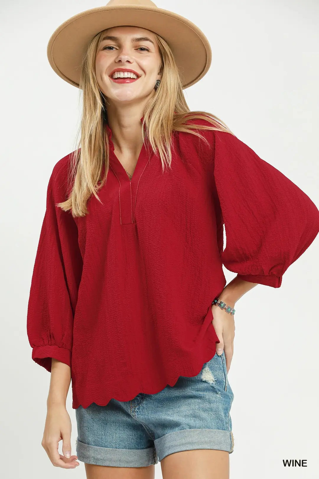 Scallop Hem Balloon Sleeve Blouse