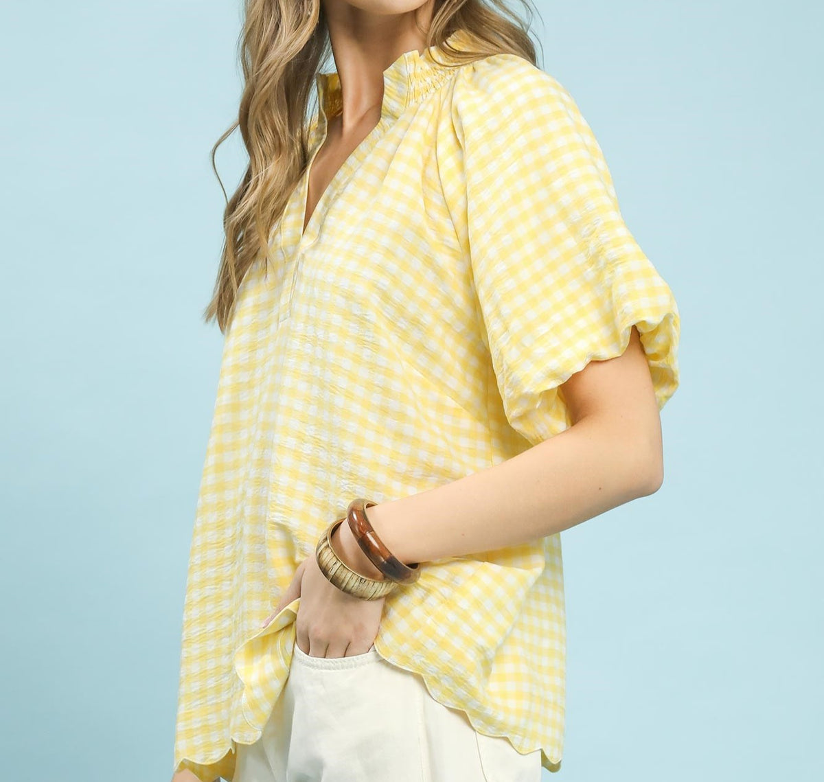Gingham Bubble Sleeve V-neck Top